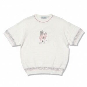 Chelsea Gardens Vintage Flamingo Knit Sweater, Women's XL White Short Sleeve USA